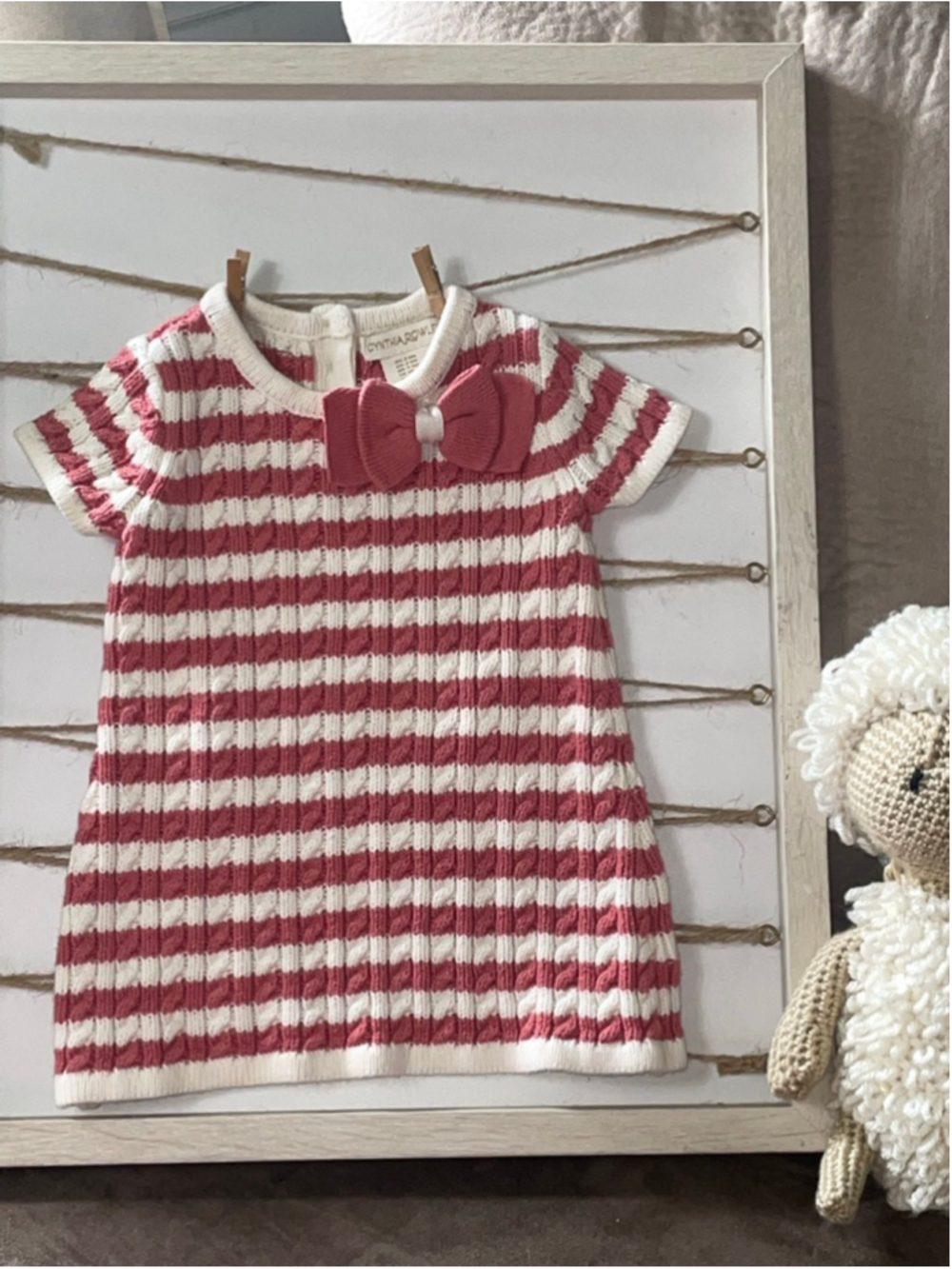Cynthia Rowley Baby Girl Mauve Pink White Striped Sweater Dress 3-6 Months Bow